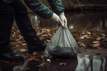 close up of a volunteer collecting rubbish from a park. Generative ai