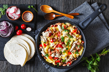 chicken, pinto beans, tomatoes, cheese, top view