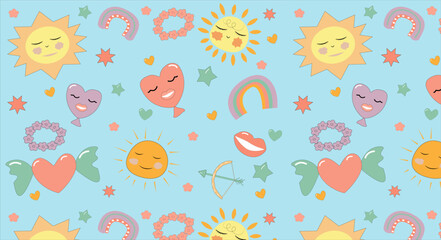 Seamless pattern vector background sun, heart, stars, flowers, lips, romance, valentine, childish. eps10 vector