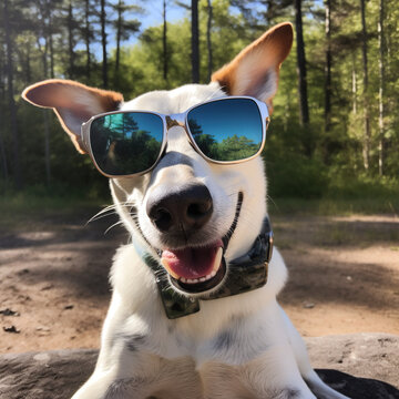 Picture of a dog taking a selfie with sunglasses with a blurred background behind him