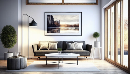 A living room with a picture of a lake and a couch with pillows on it, Generative AI
