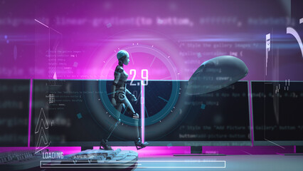 Obraz premium 3d illustration of female robot humanoid walking on keyboards with computer mouse fly over and monitors in background optical flare and data analyse graphic