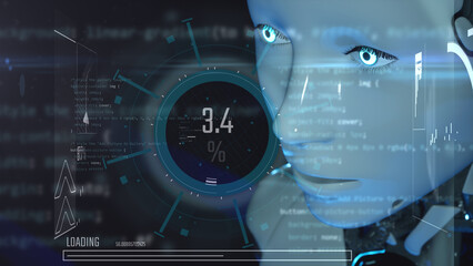 3d illustration of female robot humanoid artificial intelligence hud interface information operator data analysing scifi modern background