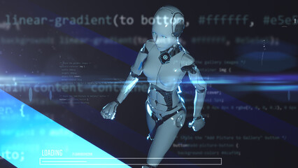 Obraz na płótnie Canvas 3d illustration of female robot humanoid walking artificial intelligence operator data analysing scifi modern background