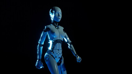 Fototapeta na wymiar 3d illustration of female robot humanoid artificial intelligence operator walking pose black background seamless simple