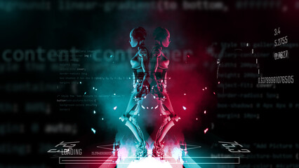 3d illustration of female robots standing with choice of right or wrong site standing. Magenta red and blue neon and digital fire