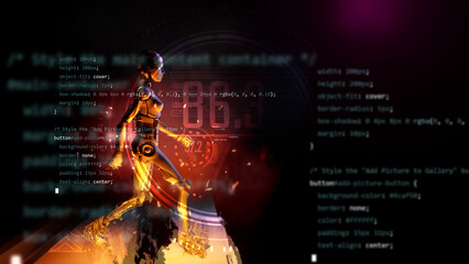 3d illustration of female robot walking in digital fire and black scifi background with programming code