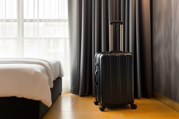 Black travel suitcase in bedroom or hotel room and window curtain background