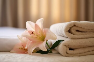 Fototapeta na wymiar Towels and flower on bed in hotel room
