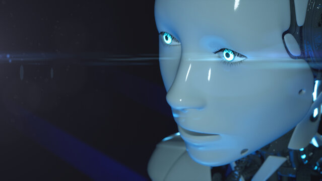 3d illustration of female robot humanoid artificial intelligence operator data analysing scifi modern background