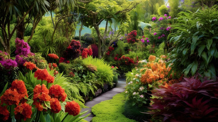 A lush green garden with various types of colorful blooming plants creating a picturesque view