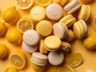 Close up colorful macaron,fresh yellow lemons, sour lime flavors and sweet French macarons sandwich cookies,  di-cut image on white background, Generative AI