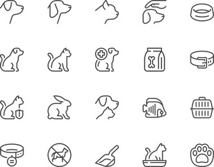 Pets. Veterinary medicine and animal care. Dog, cat, aquarium fish, rabbit. Vector line icons set. Editable stroke. Pixel perfect.