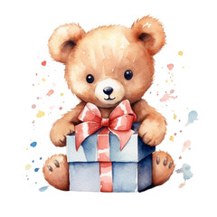 This adorable teddy bear is the perfect companion for any occasion. Holding a beautifully wrapped gift box, this watercolor-style illustration is sure to bring a smile to anyone's face. 