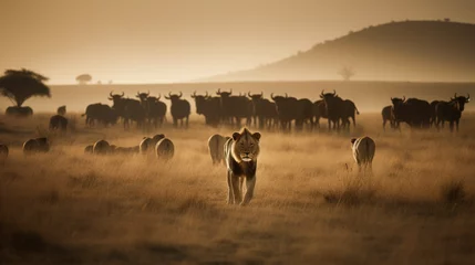 Gordijnen The wild lion walking towards the camera in Safari © MXTC