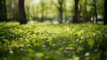 green garden grass in spring, springtime in the background and tree leaves