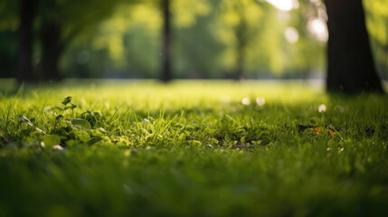green garden grass in spring, springtime in the background and tree leaves