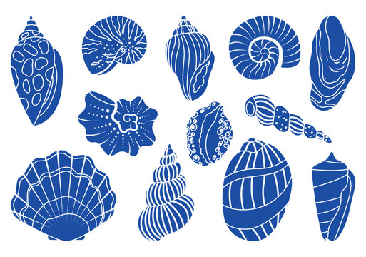 Sea shell sink silhouette set. Ocean exotic underwater seashell conch aquatic mollusk, sea spiral snail, marine starfish collection. Tropical beach shells nature aquatic water flat design illustration
