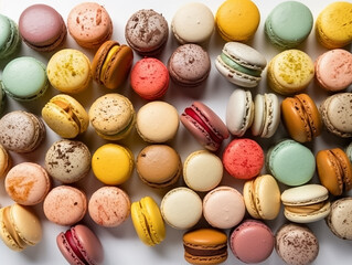 Close up colorful macaron, many different flavors and various French macarons sandwich cookies,  di-cut image on white background, Generative AI