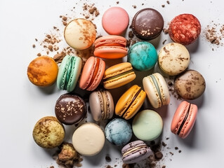 Close up colorful macaron, many different flavors and various French macarons sandwich cookies,  di-cut image on white background, Generative AI