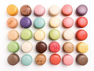 Close up colorful macaron, many different flavors and various French macarons sandwich cookies,  di-cut image on white background, Generative AI
