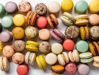 Close up colorful macaron, many different flavors and various French macarons sandwich cookies,  di-cut image on white background, Generative AI