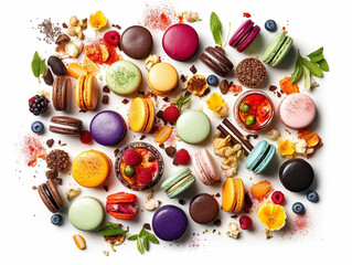Close up colorful macaron, many different flavors and various French macarons sandwich cookies,  di-cut image on white background, Generative AI