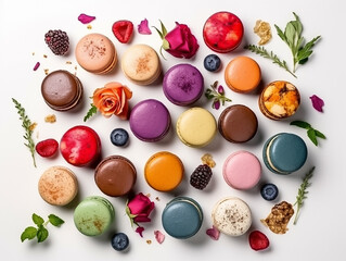 Close up colorful macaron, many different flavors and various French macarons sandwich cookies,  di-cut image on white background, Generative AI