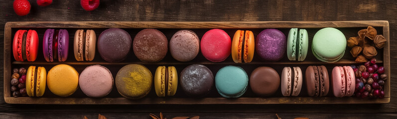 Close up colorful macaron, many different flavors and various French macarons sandwich cookies,  di-cut image on white background, Generative AI