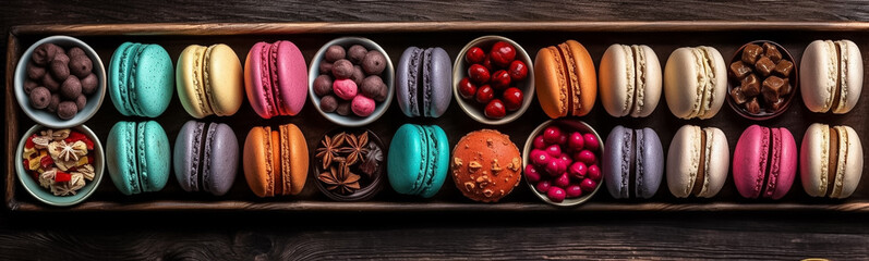 Close up colorful macaron, many different flavors and various French macarons sandwich cookies,  di-cut image on white background, Generative AI