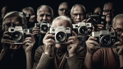 Retro picture of people that represent social media followers with old photo cameras