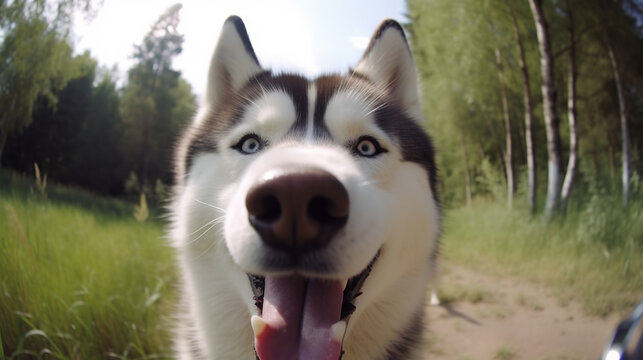 Photo of a happy Siberian husky taking a selfie with a blurred background behind him 