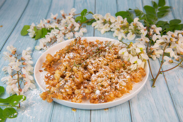 Acacia flowers fritters, Blossoming acacia with leafs, , Robinia pseudoacacia, White acacia, High quality photo