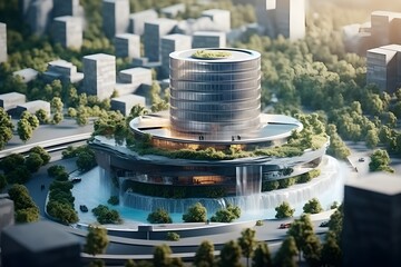 3D modeling of futuristic office building in middle of the city with nature surrounding. Created with Generative AI technology.