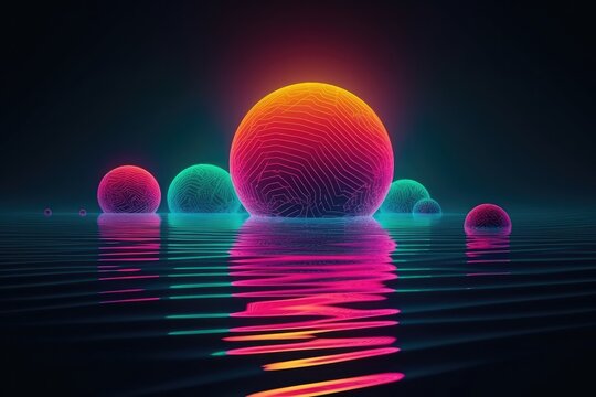 Moon ray image floating in a lake in neon color palette style with generative AI