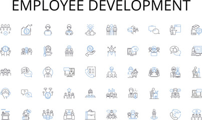 Employee development line icons collection. Presentation, Workshop, Conference, Discussion, Lecture, Keynote, Panel vector and linear illustration. Debate,Colloquium,Roundtable outline signs set