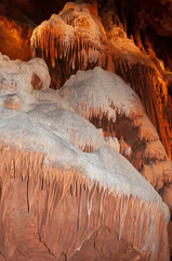 Calcite inlets, stalactites and stalagmites in large underground halls in Carlsbad Caverns NP, New...