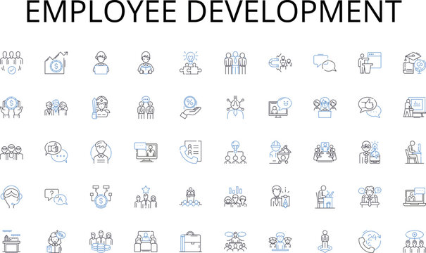 Employee development line icons collection. Presentation, Workshop, Conference, Discussion, Lecture, Keynote, Panel vector and linear illustration. Debate,Colloquium,Roundtable outline signs set