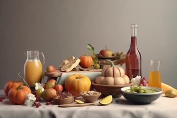 Vegetarian thanksgiving dinner with pumpkins and autumn foods, created with generative AI 