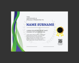 Dynamic wave green and blue achievement award certificate isolated