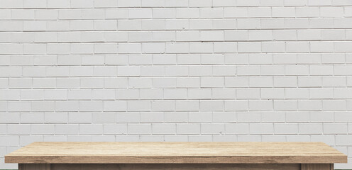 wooden table mockup, blurred white brick wall backround
