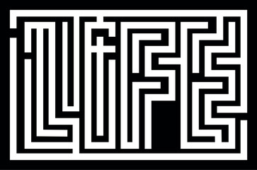 The word "Life" drawn as a labyrinth in black and white monochrom colors.