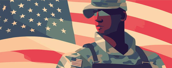 Vector of a patriotic soldier saluting in front of an American flag for Independence Day