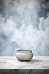 Marble table, white sky wall, grunge cloud texture background, soft blur product display poster design. AI generative