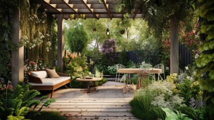 Obraz premium Wooden pergola and outdoor seating area in the backyard. garden. Generative AI 