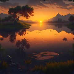 Fototapeta na wymiar Photo of a beautiful sunset over a serene lake