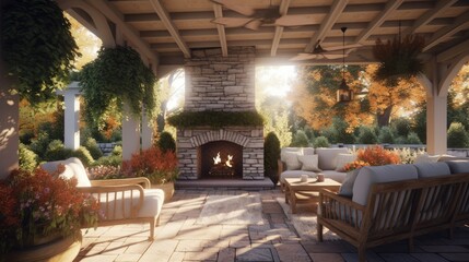 A cozy and inviting place with a fireplace and lounge sits. Generative AI 
