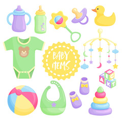 Baby elements collection, baby accessories, baby care objects.