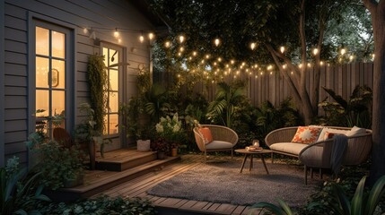 A beautiful cozy backyard patio with string lights and a small fireplace. Generative AI