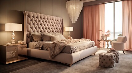 A luxurious bedroom with a tufted headboard with plush bedding. Generative AI 